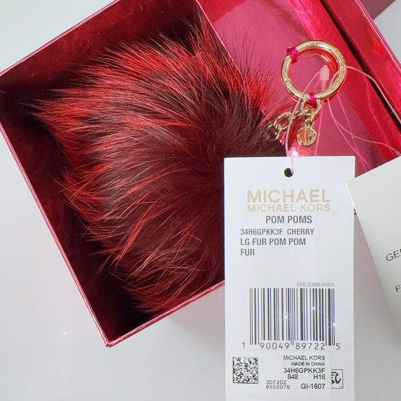Michael Kors Large Fox Fur Pom Poms In Cherry Red Gold Hardware Keychain Box - Picture 4 of 8